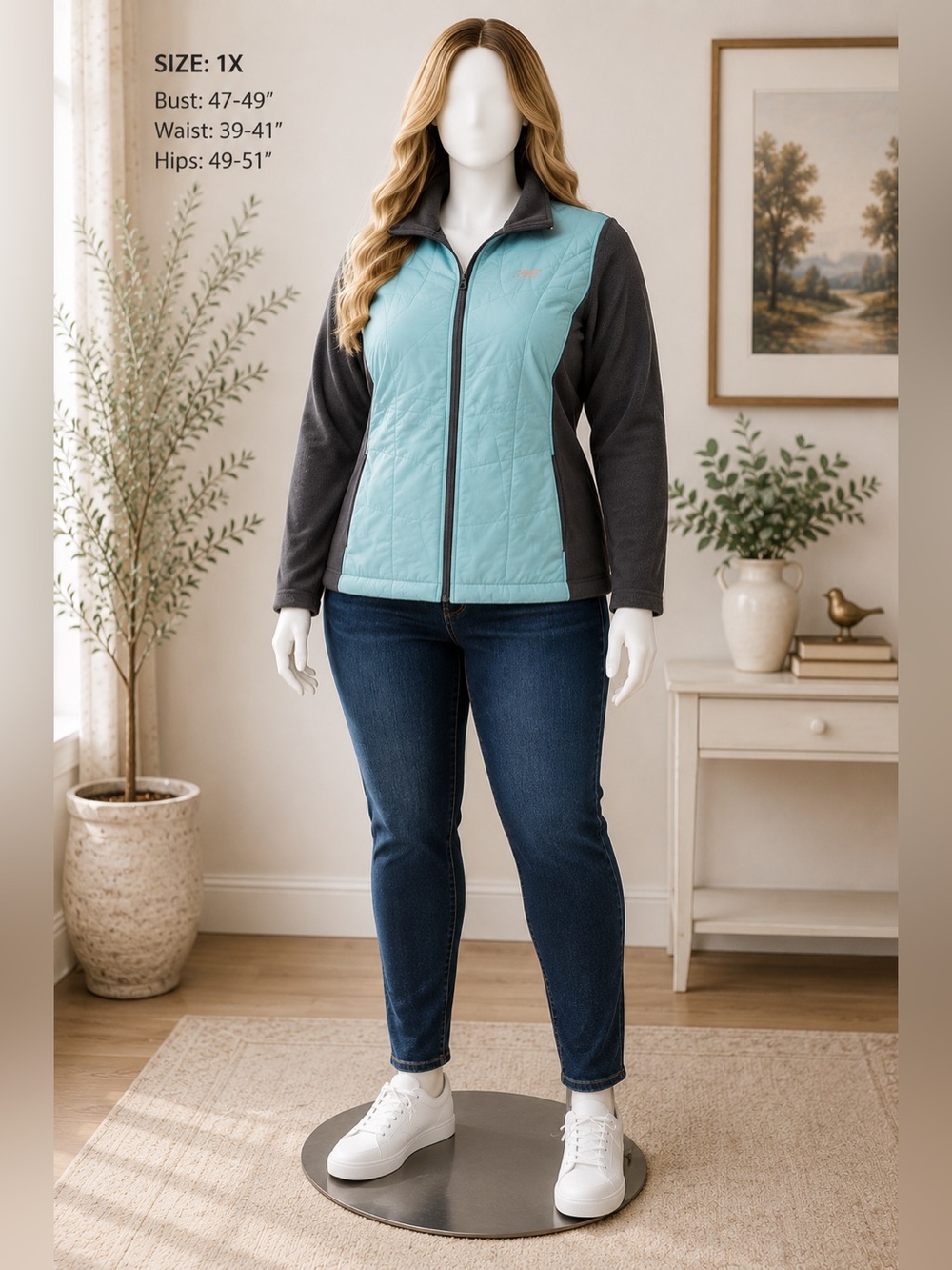 New Balance Women’s 1X Quilted Fleece Jacket Mint Teal Zip Front Athleisure